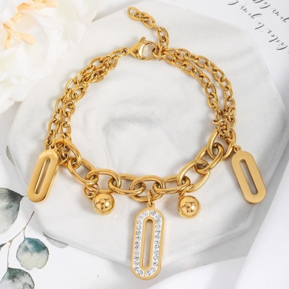 Gold Plated Stainless Steel Geometric Charm Chain Bracele - Picture 1 of 1